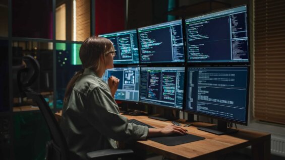 A woman sits at a desk viewing six monitors.