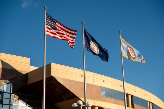 A sunny, windy afternoon outside the Fairfax County Government Center..