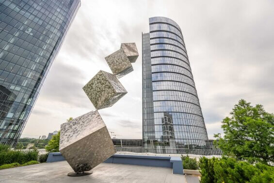 A building and sculpture at Capital One Center in Tysons, Virginia.